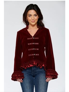 NWT Orchid Bloom Velvet Ruffle-Trim Military Jacket - Wine Red